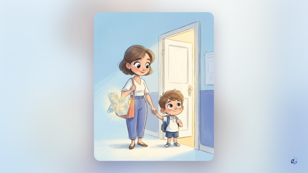 Ilustración de una madre y su hijo ante la puerta del colegio con un mapa que brilla en el bolso