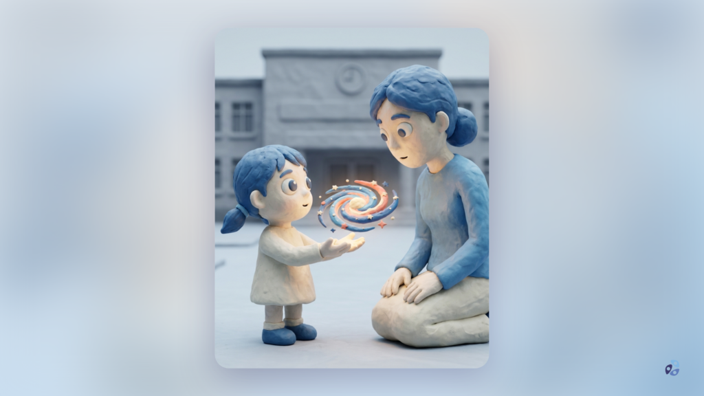 Ilustración de una niña mostrando a su madre una pequeña galaxia entre las manos frente al colegio