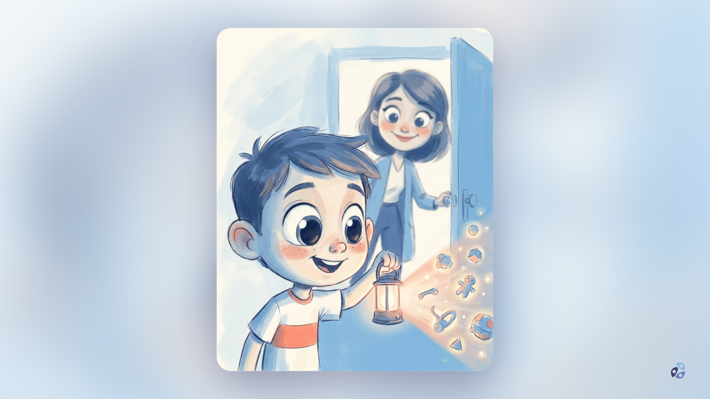 Ilustración de un niño explorando con una linterna un sendero de piezas luminosas